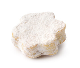 Delicious snowflake-shaped cookie dusted in powdered sugar ready to be enjoyed during the holiday season