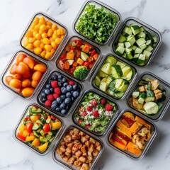 Meal prep ideas organized salad containers kitchen food photography bright environment overhead view healthy eating concept