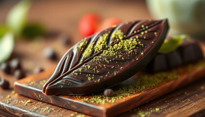 Dark chocolate bar shaped like leaf, with green tea flavor and matcha powder dusting