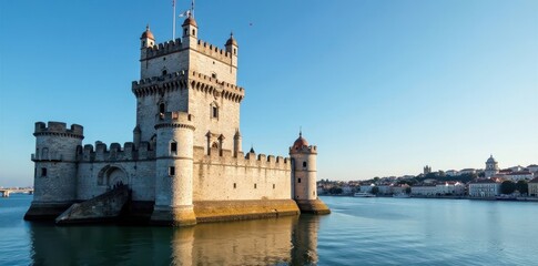 Fototapeta premium Historic Belem Tower, Lisbon, Portugal Majestic riverside fortress , history, riverside, historic