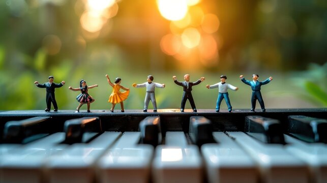 Miniature figures dancing on a piano keyboard during sunset, creating a whimsical scene.