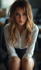 Person in Office Chair Wearing White Shirt and Black Skirt with Wavy Hair