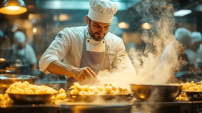 Focused chef prepares steaming food in busy restaurant kitchen.