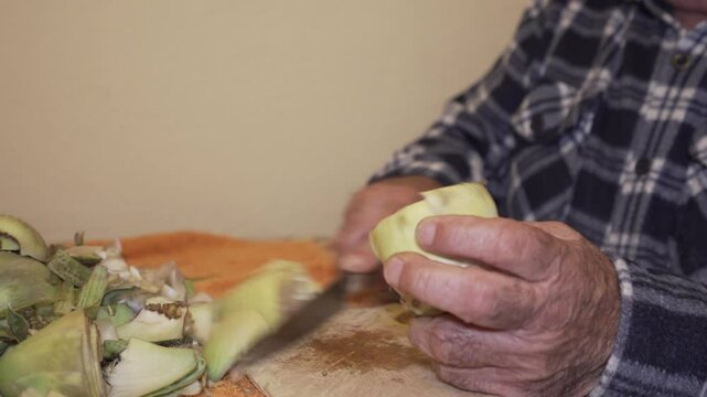 older man's hands cutting tortilla chips, plush plaid shirt.
