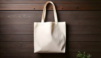 Reusable fabric shopping bag displayed on rustic wooden background