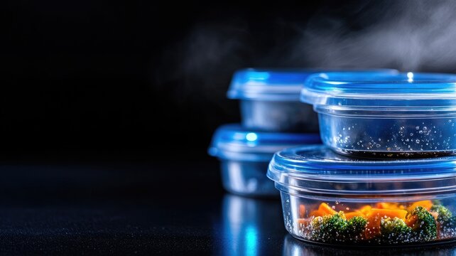Steaming food in plastic containers on dark background