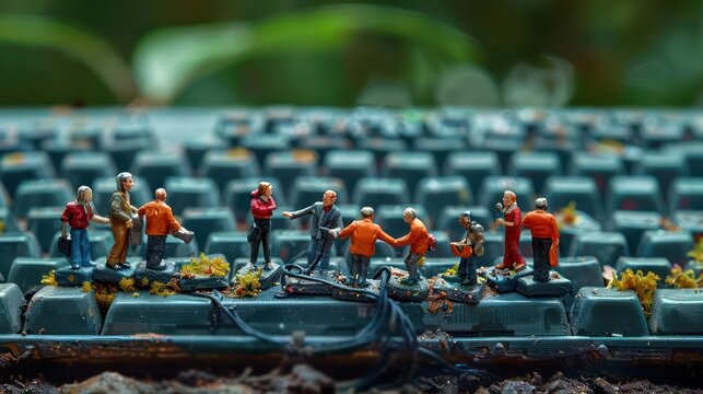 Miniature figures interacting on a dusty keyboard, showcasing a whimsical scene of connection. - Powered by Adobe
