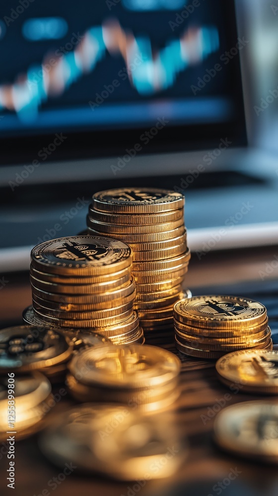 Poster gold coins stacked on a wooden table in front of a laptop screen displaying financial data