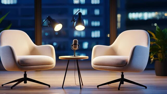 Professional recording podcast studio setup featuring two armchairs, a microphone, a small table, lamps, and a minimalist design, ready for podcasting or interviews video 4k