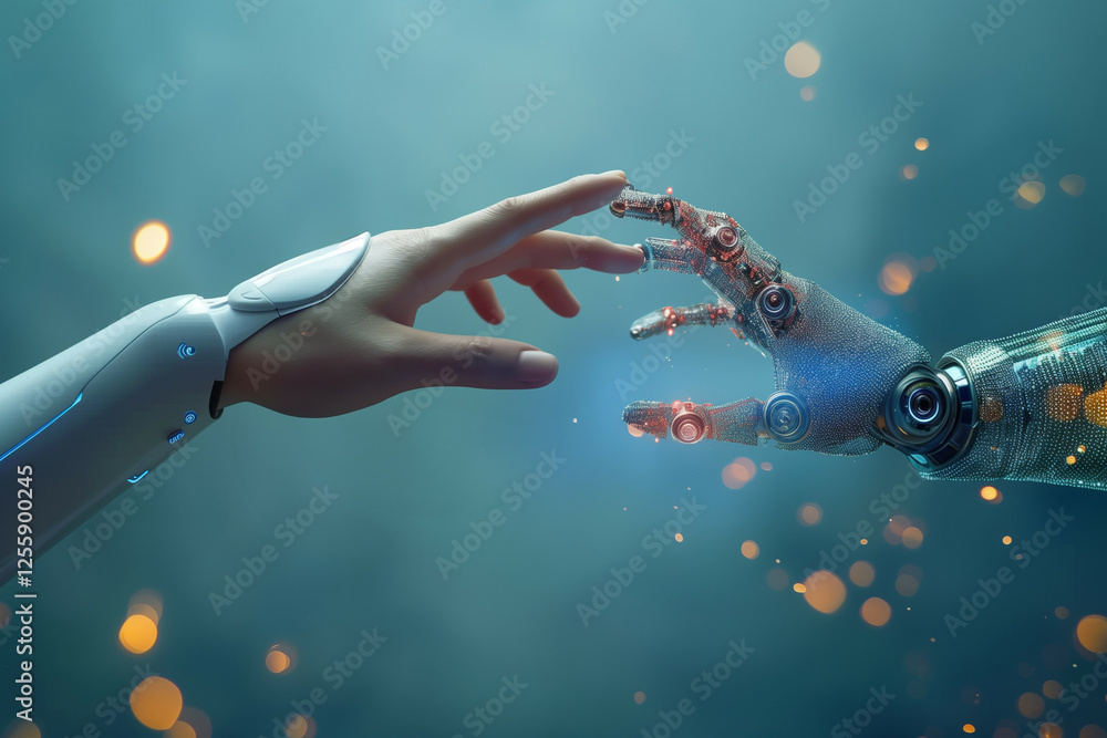 Poster a conceptual image showing a human hand and a robotic arm reaching towards each other, symbolizing t