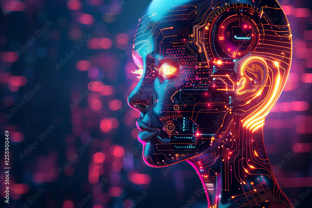 Poster futuristic digital rendering of a humanoid head profile with intricate circuit designs and glowing e