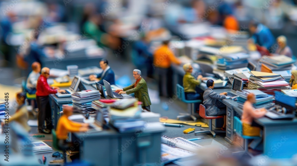 Poster a miniature office scene with tiny figures working at desks amidst stacks of paperwork.