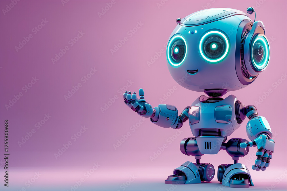 Poster a charming and futuristic robot with a rounded head and glowing eyes standing in a soft pink backgro