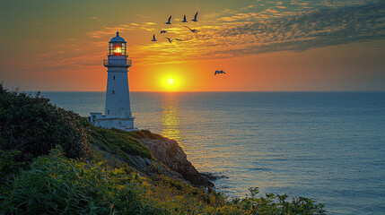 Fototapeta premium Lighthouse on coast at sunrise with birds