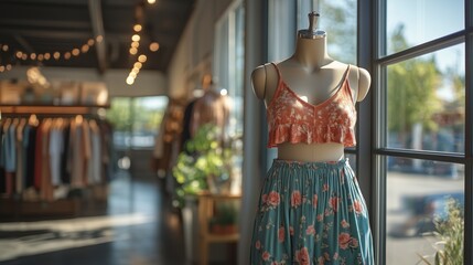 Trendy summer outfit displayed on mannequin in boutique during bright afternoon