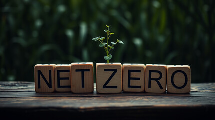 Net zero and carbon neutral concept. Net zero greenhouse gas emissions target. Climate neutral long term strategy with green net zero icons on Wooden blocks and ligth bulb for sustainable