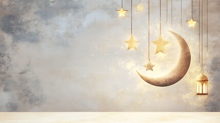 Golden Crescent Moon Stars Lantern Festive Background
