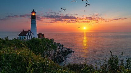 Fototapeta premium Lighthouse on coast at sunrise with birds, ocean view, ideal for travel ads