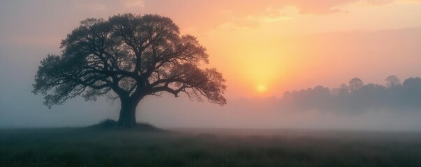 Misty dawn fog surrounds ancient tree branches, misty, landscape
