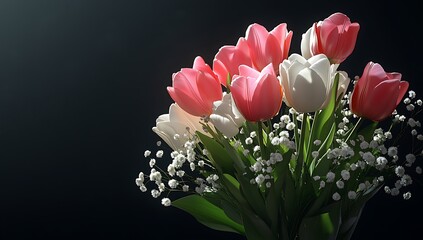  Elegant Bouquet of Pink and White Tulips with Gypsophila on Dark Background