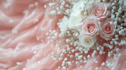 Fototapeta premium Delicate pink roses and baby's breath arranged on soft fabric, creating a romantic floral display