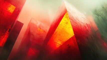 Glowing red geometric structures in a misty, futuristic cityscape.