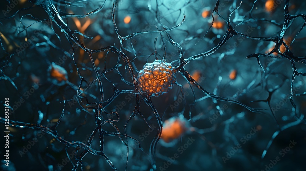 Poster glowing cellular orb in surreal abstract microscopic landscape futuristic organic molecular structur