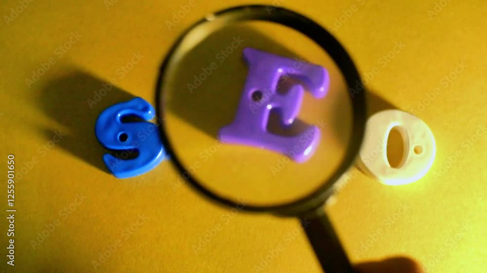 Poster a collection of letters with the word seo in the middle and a magnifying glass. the concept footage 