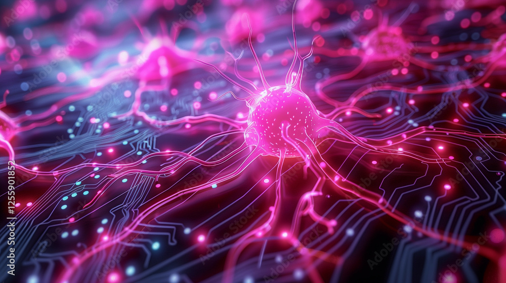 Poster a digital illustration of a neural network with glowing nodes and vibrant pathways on a dark backgro