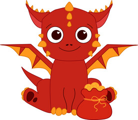 2036 Year of the Dragon CNY isolated composition. Cute red dragon with a fortune bag full of gold graphic line vector illustration. Chinese lunar new year 2036 lantern festival mascot