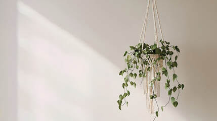 A hanging plant with cascading green vines, suspended against a minimalist beige wall with gentle light.