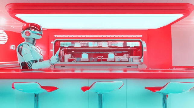 A futuristic robot serving in a vibrant diner setting.