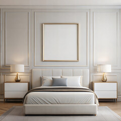Luxury bedroom wall art mockup with gold frame and modern decor