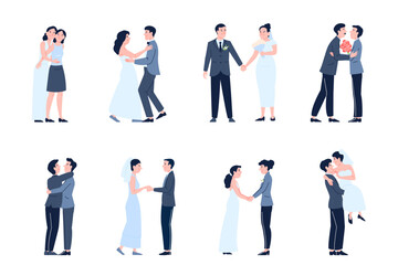 Different wedding couples. Traditional, gay and lesbian married people. Newlyweds in dress and costumes, marriage ceremony romantic scenes recent vector set