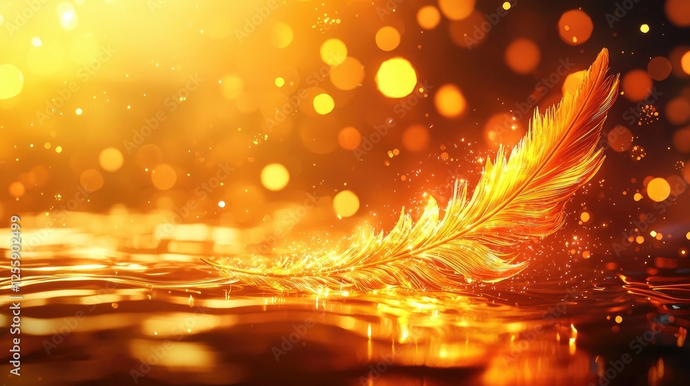 Poster golden feather floating on sparkling water with bokeh background