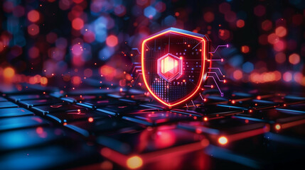 A digital rendering of a futuristic shield with glowing outlines on a computer keyboard background, symbolizing cybersecurity and data protection