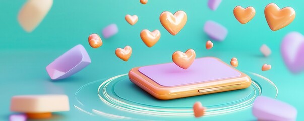 A smartphone surrounded by colorful love icons and shapes.