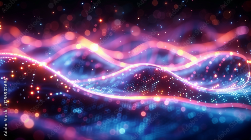 Poster abstract flowing lines with radiant light particles and digital waves on a dark background