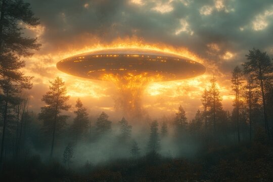 Glowing giant UFO is in burning sky over  dark forest, abstract landscape 