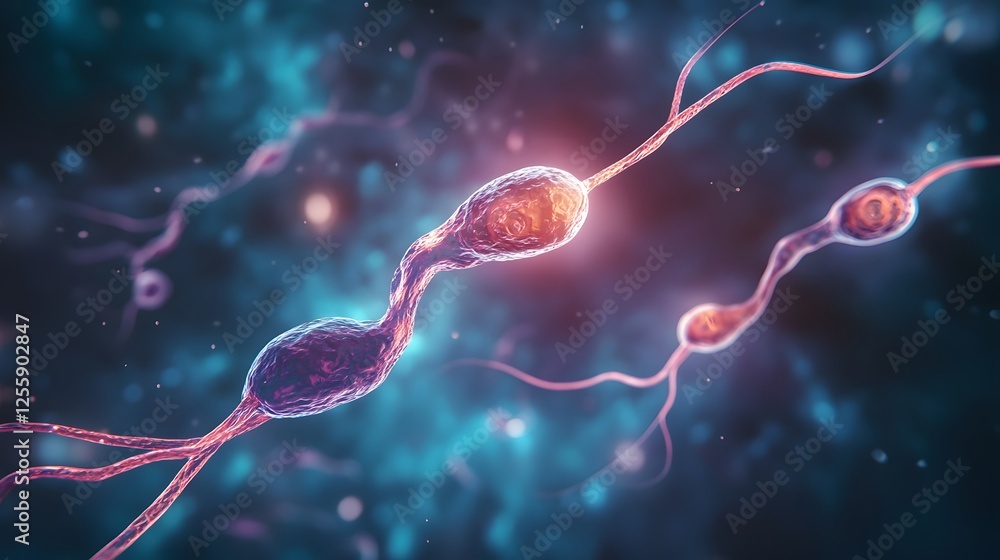 Aufkleber glowing neural network synapse in futuristic microscopic view with firing electricity impulses and b