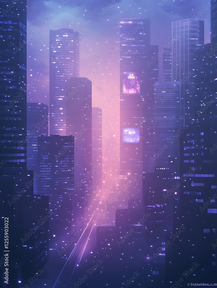 Poster a vibrant cityscape at twilight, featuring towering skyscrapers illuminated by colorful lights and a