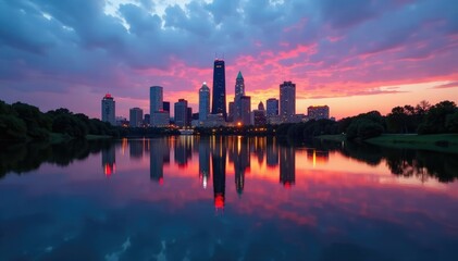 Obraz premium Reflections on a peaceful lake with the Dallas skyline at dusk, soothing, evening, reflection