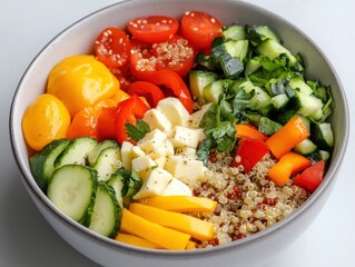 Healthy breakfast grain bowl with quinoa and fresh veggies morning light eye-level view garnished with herbs