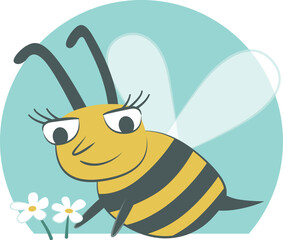 Cute bee flying next to two flowers. Banner with a cute flying bee.