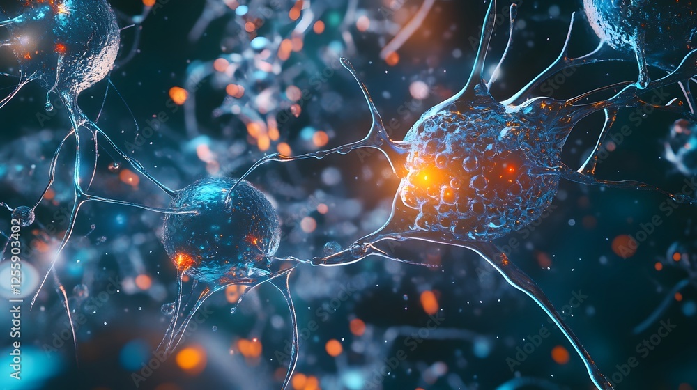 Poster glowing neurons forming a dynamic synapse network in an abstract futuristic digital neural system th