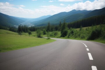 Fototapeta premium Scenic Mountain Road: Asphalt Highway Through Lush Green Valley with Forest & Majestic Peaks, Travel and Adventure Landscape