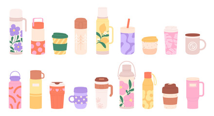 Travel thermo mugs. Thermos, reusable cups, tumblers for hot drinks. Touristic camping equipment for coffee tea and beverages, hiking tumbler racy vector set