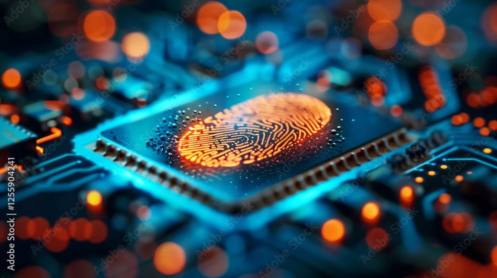 Poster close-up of a glowing digital fingerprint on a high-tech microchip, symbolizing cybersecurity, biome