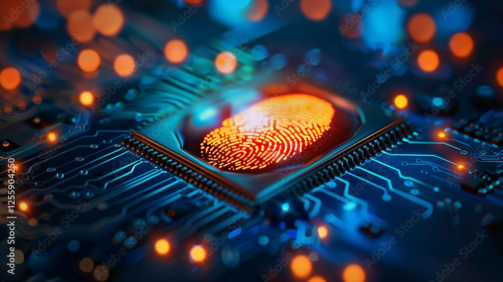 Poster close-up of a digital fingerprint scanner on a futuristic microchip with glowing circuits, cybersecu