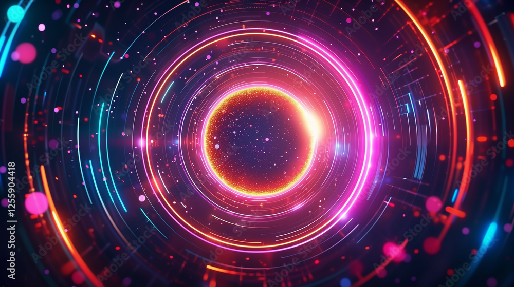 Poster abstract digital art of a circular portal with a glowing core, surrounded by neon rings, futuristic 